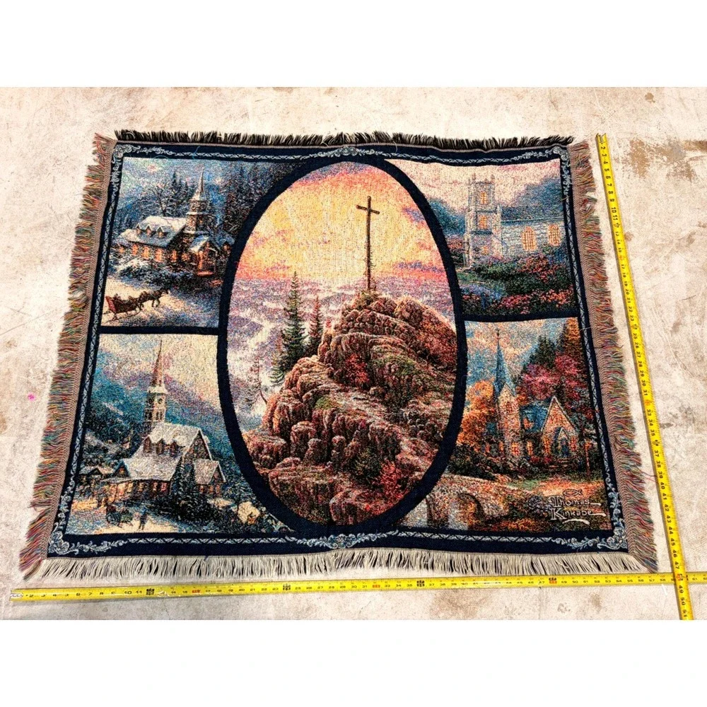 Vintage Thomas Kinkade Church Cross Woven Throw Blanket Tapestry Afghan 58x48